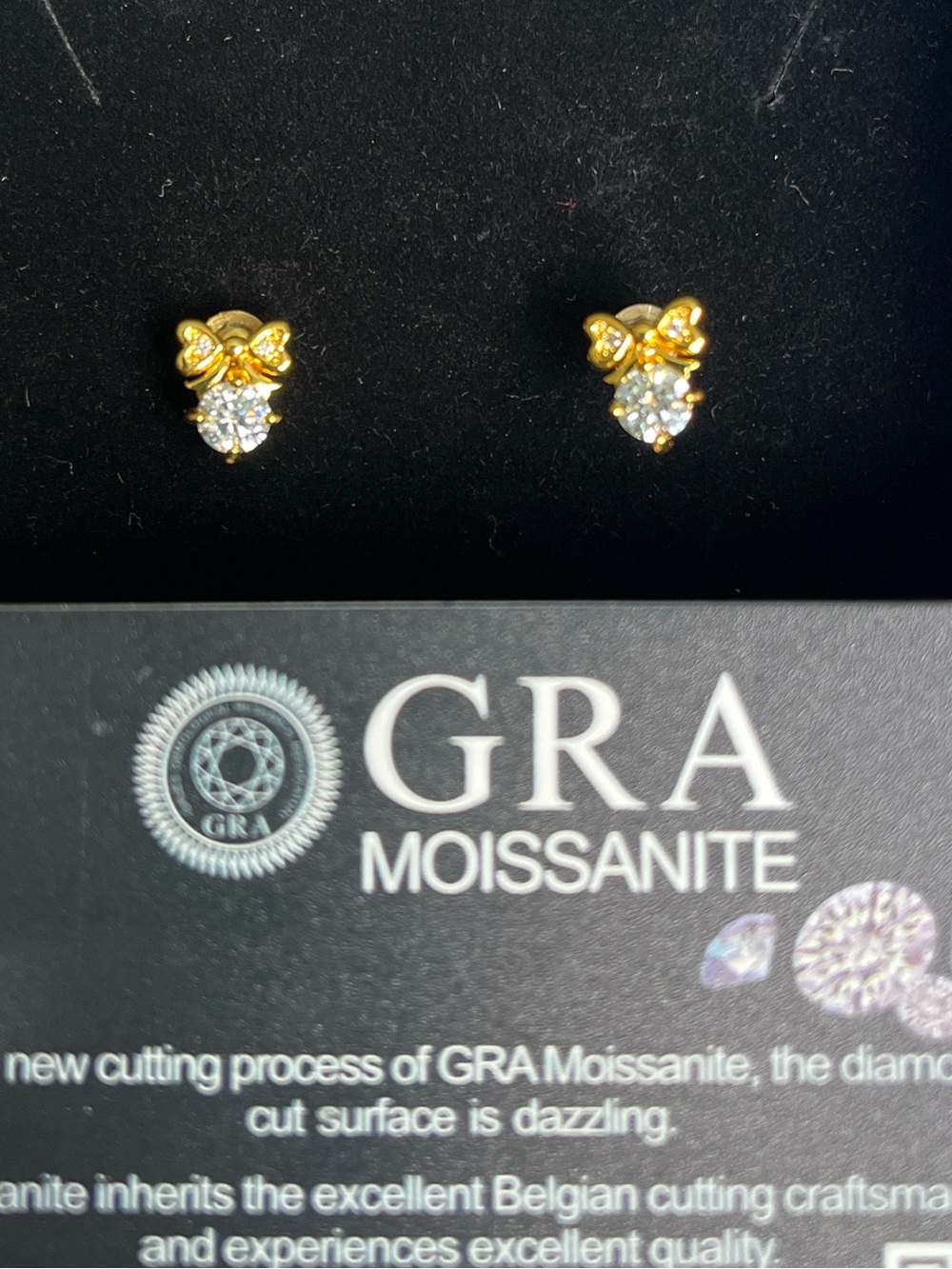 GRA Gold Bow Stud Earrings with White Moissanite
